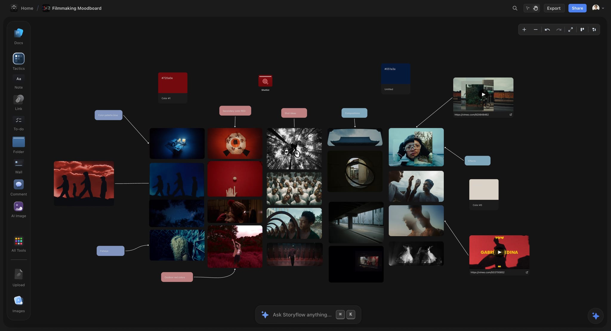 Film moodboard built in Storyflow, dark mode